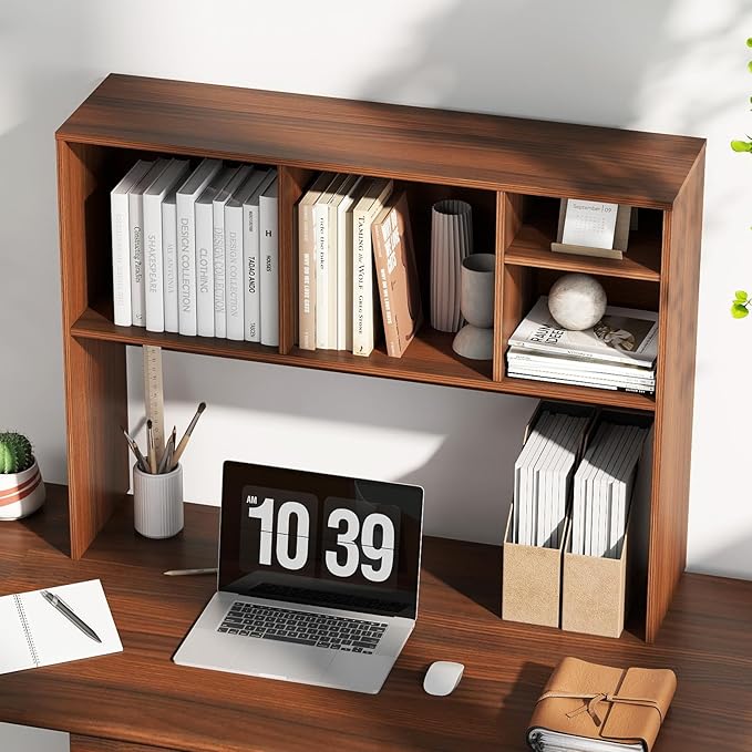 ReunionG Desk Hutch 2-Tier, Wood Hutch Top Only w/4 Shelves for Computer Monitor, Laptop, Dressing Table, Desk Organizer Display Rack Desktop Bookshelf for Home, Office, Dorm (Walnut)