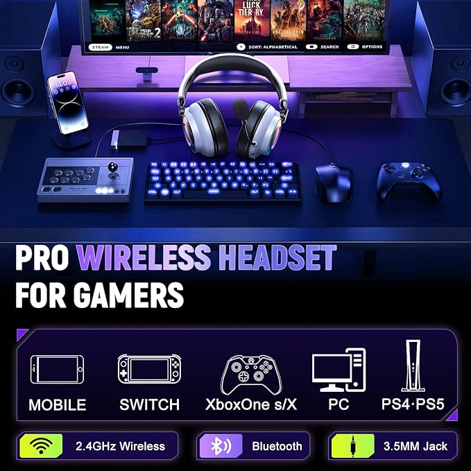 Ultra-Light 3-in-1 Wireless Gaming Headset for PS5 PS4 Xbox, 7.1 Surround Sound, Noise Cancelling Mic, RGB Lights, 40H+ Battery, Lossless Audio, Comfy Over Ear Headphones for PC, Switch, Mac