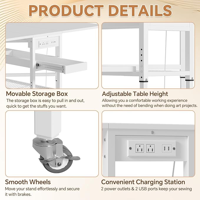 PAKASEPT Height Adjustable Sewing Cutting Table with Charging Station, Folding Craft Table with Storage,Movable Shelves for Large Fabric, Mobile Sewing Desk for Home Office Sewing/Craft Room,White