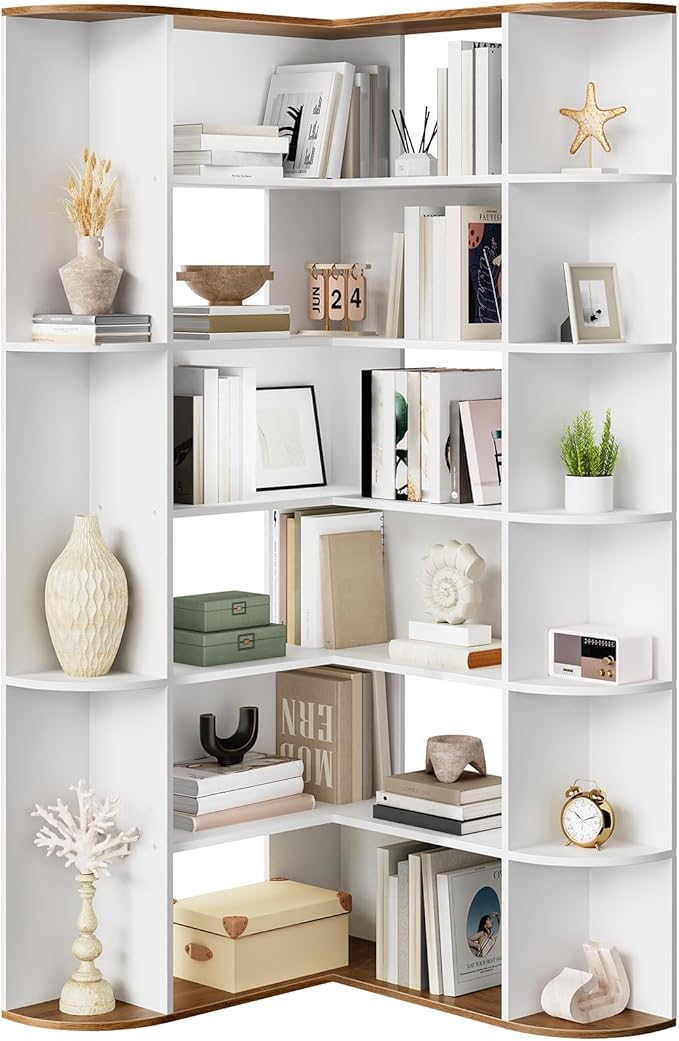 HOOBRO 74" Tall Corner Bookshelf, 6-Tier Bookcase with Open Storage, L-Shaped Modern Bookshelf with Display Shelf, Wooden Storage Shelves for Home Office, Living Room, White WH80SJ01