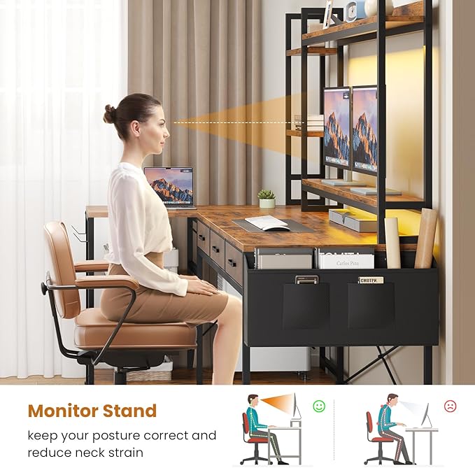 SEDETA 55" L Shaped Desk with Hutch, Corner Computer Desk with Drawers & Shelves, Reversible L Shaped Gaming Desk with Power Strip & LED Lights, Monitor Stand, Headphone Hook, Rustic Brown