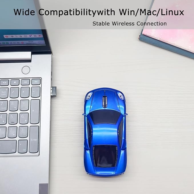 Wireless Car Mouse for Computer, 2.4G USB Receiver, 1600DPI Adjustable, Sport Car Design, Plug & Play, Compatible with Laptop PC Mac Windows Linux, for Boys & Men (Blue)