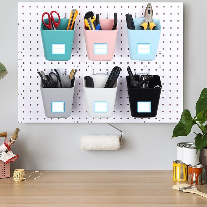 Namalu 12 Pack Peg Board Storage Bins with Labels and Hooks Square Box Shape Pegboard Cup Holder Accessories Pegboard Organizer for Craft Room Wall holder Workbench(4.7 x 4 x 5 Inch, Colorful)