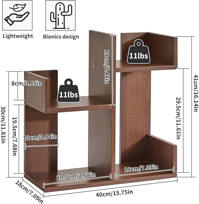 Aibiju Small Bookshelf - Unique Cactus Design, Kitchen Counter Shelf, Light Walnut Wood, YD-DSR002LW