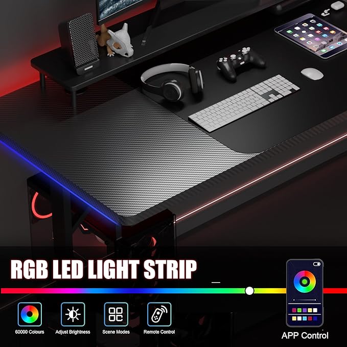 GTPLAYER Gaming Desk 55 Inch with LED Lights, Large Computer Desk with Mouse Pad for Home Office, T-Shaped Carbon Fibre Surface PC Game Workstations with Headphone Hook