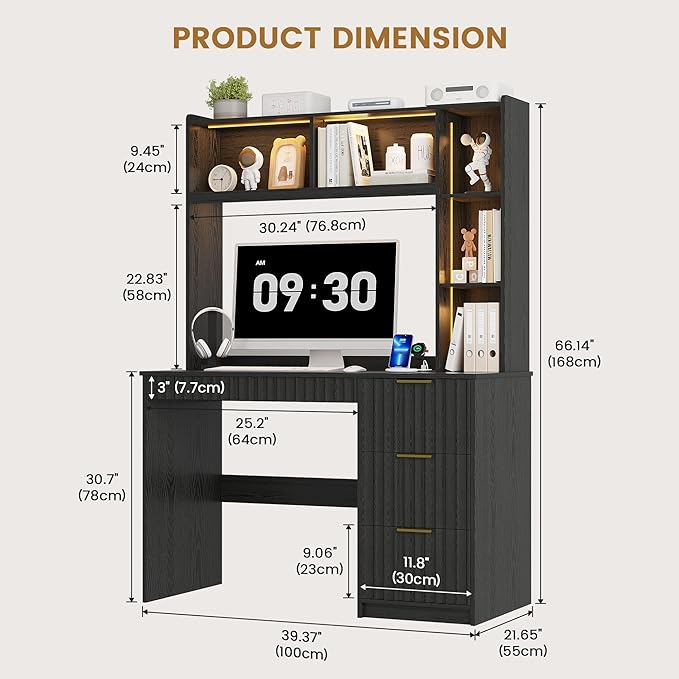 Lvifur Home Office Desk - with Hutch & Storage Cabinet,LED Study Desk with Outlet and 3 Color LED and Card-Based Lock,Writing Desk Computer Desks for Studyroom,Ideal for Office Set,Black