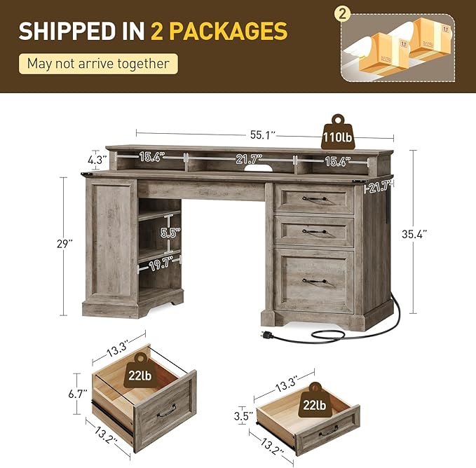 RALGEND 2 Pack 55'' Farmhouse Executive Desk with Drawers, Computer Desk with File Cabinet and Side Bookshelf, Writing Gaming Desk with Monitor Stand, Greige