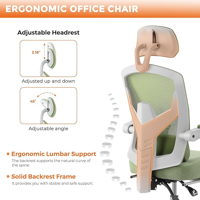 Sweetcrispy Office Computer Desk Chair, Ergonomic High-Back Mesh Rolling Work Swivel Chairs with Wheels, Comfortable Lumbar Support, Comfy Arms for Home, Bedroom, Study, Student, Green