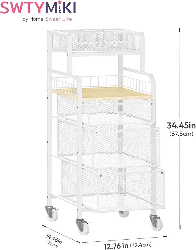 SWTYMIKI Office Rolling Cart with 3 Drawers - Metal Utility Cart with Wood Shelf, DIY Divider and Locking Wheels, Craft & Art Cart Organizer for Under Desk Storage for Home Office Studio, White