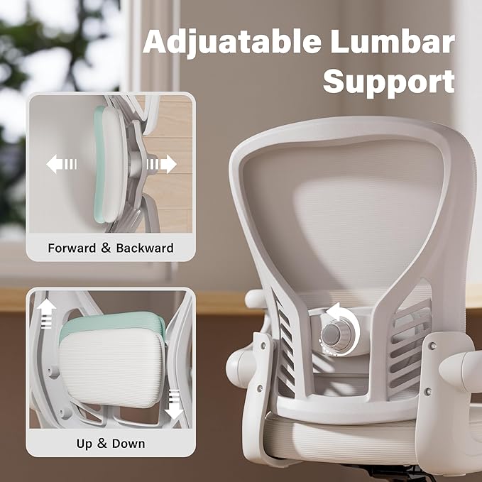 GYI Office Chair Ergonomic, Computer Desk Chair with Mesh Back, Adjustable Lumbar Support, 3D Flip-up Arms, Wheels, All White