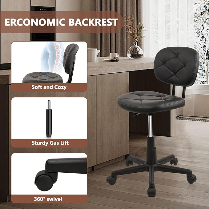 KLASIKA Rolling Stool Chair with PU Leather Backrest and Adjustable Height for Computer Home Standing Desk 2 Pack