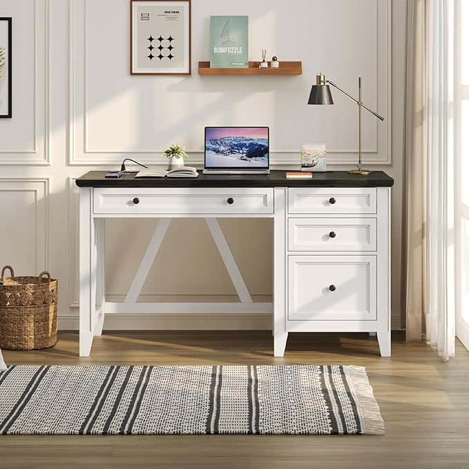 ONBRILL 54 Inch Farmhouse Executive Desk, Computer Desk with Drawers, Home Office Desk with Charging Station, for Working Studying Writing, White