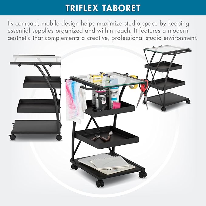 SD Studio Designs Modern Triflex Mobile Storage Taboret for Arts and Crafts, Charcoal/Clear Glass