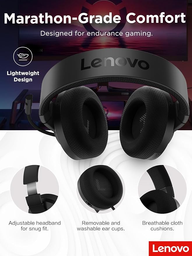 Lenovo H210 Wired Gaming Headset - 3.5mm Connection, Flip-to-Mute Noise-Cancelling Microphone, Breathable Ear Cups - Black