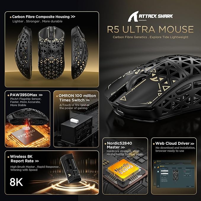 ATTACK SHARK R5 Ultra Wireless Gaming Mouse,39g Superlight Carbon Fiber Hollowed-Out,PAW3950MAX Optical Sensor Nordic 52840 MCU 8K Polling 42K DPI,BT/2.4G/USB-C Mice with Coiled Cable for PC/Mac-White