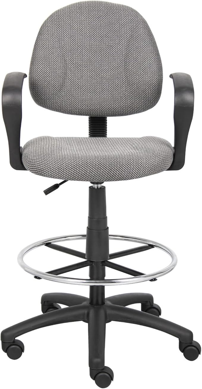 Benzara Jea Drafting Stool Chair, Loop Arms, Gray Tweed, Round Footring
