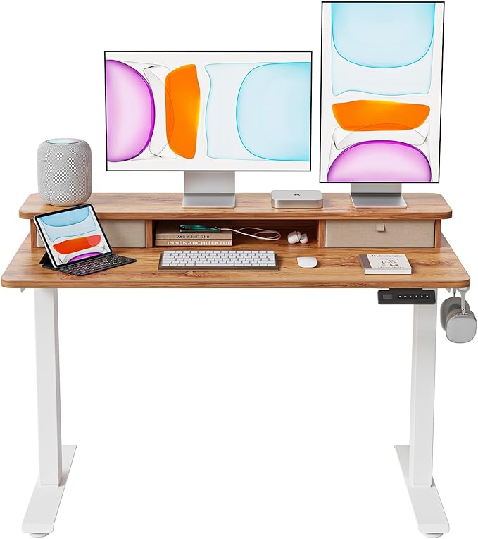 BANTI 48x24 Inch Electric Standing Desk with Dual Drawers, Height Adjustable Stand Up Table, Sit Stand Home Office Desk with Storage Shelf, White Frame/Light Rustic Brown Top