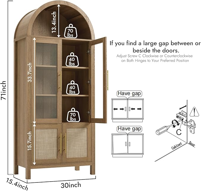 71" Tall Arched Display Cabinet, 5-Tier Bookshelf Modern Farmhouse Arched Bookcase with Glass Doors and Shelves, Wooden Pantry Storage Cabinet for Living Room, Office and Kitchen, Caramel Oak