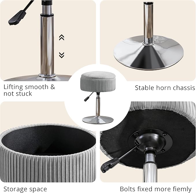 LUE BONA 360°Swivel Vanity Stool Chair for Makeup Room, Height Adjustable Stool for Vanity with Storage, Small Grey Velvet for Bathroom, Living Room