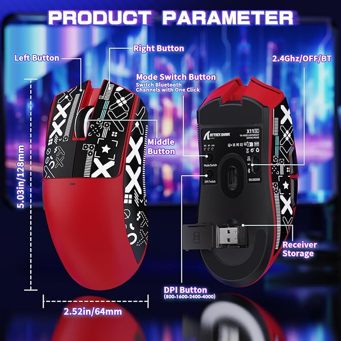 ATTACK SHARK X11SE Ultra-Light Wireless Gaming Mouse,Tri-Modes BT5.2/Type-C Wired/2.4G,PixArt PAW3311 Gaming Sensor,22KDPI,5 Programmable Buttons for Laptop,PC,Mac Gamer(Red&Sticker)