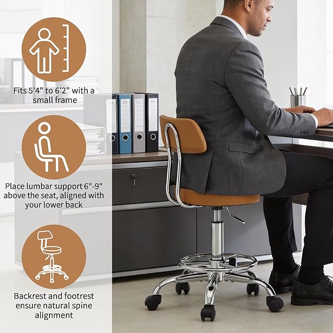 FIRAVOE Ergonomic Desk Stool(Sturdy Rolling Stool with Back)(Swivel Armless Office Chair 19.5"-26.6") Adjustable Footrest Salon Chair (Camel Brown)