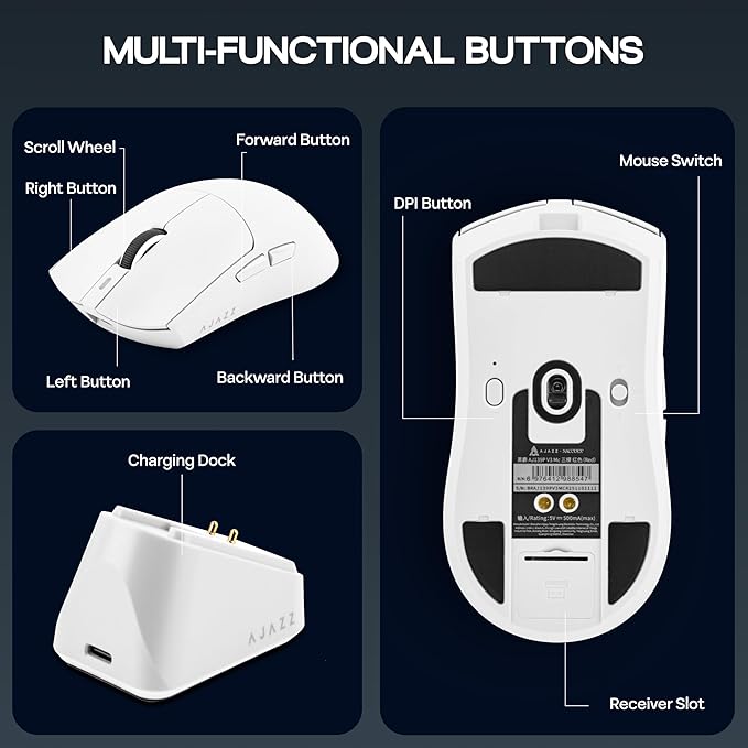MechLands AJAZZ AJ139P V3 MC Wireless Mouse with Charging Base, 3 Modes Gaming Mouse with 800mAh Battery, Adjustable 24,000 DPI, PAW3311 Sensor, 1000 Polling Rate, 69g Lightweight, Win/Mac (White)