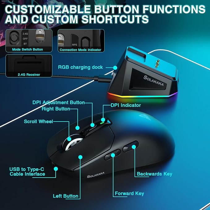 SOLAKAKA SM820 Wireless Gaming Mouse with RGB Charging Dock,24000 DPI Tri-Modes Wireless Mouse with 2 Side Buttons,Programmable Macro Mouse for Gaming(Black)