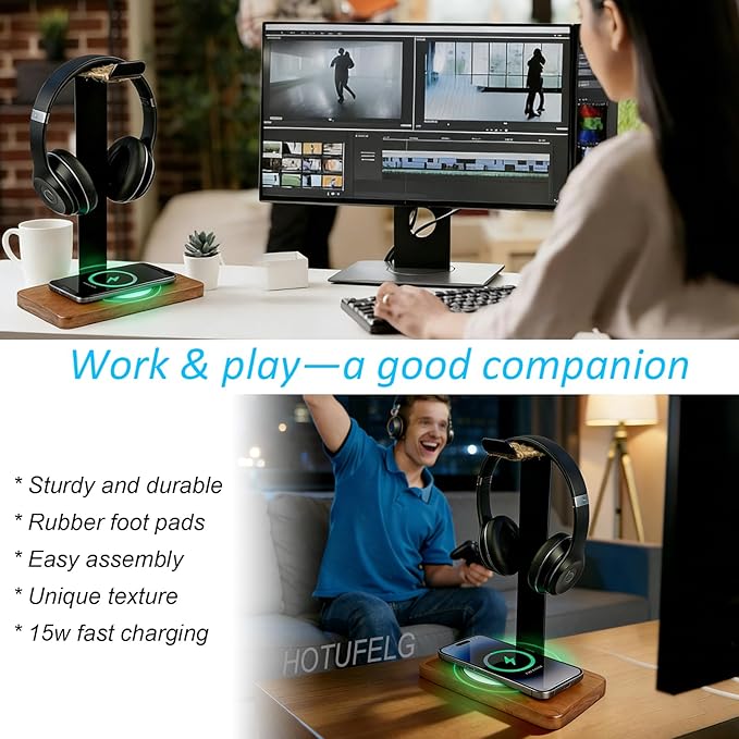 Handmade Wood Headset Stand with Fast Wireless Charging Pad- QI Wireless Charging Dock Compatible with iPhone 17/16/15/14 /Samsung Series,2-in-1 Universal Holder for All Table Headphones