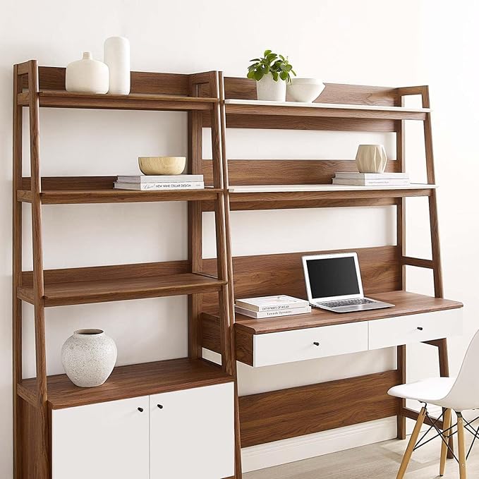 Modway 2-Piece Home Office Desk and Bookshelf Display Case in Walnut White
