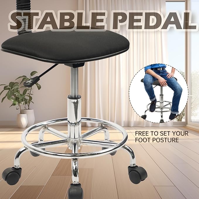 KLASIKA Low Wide Rolling Swivel Stool with Backrest, Adjustable Height Salon Chair Stools with Footrest for Spa Tattoo Office Desk Massage Task Lash Barber Facial, Black 4PK