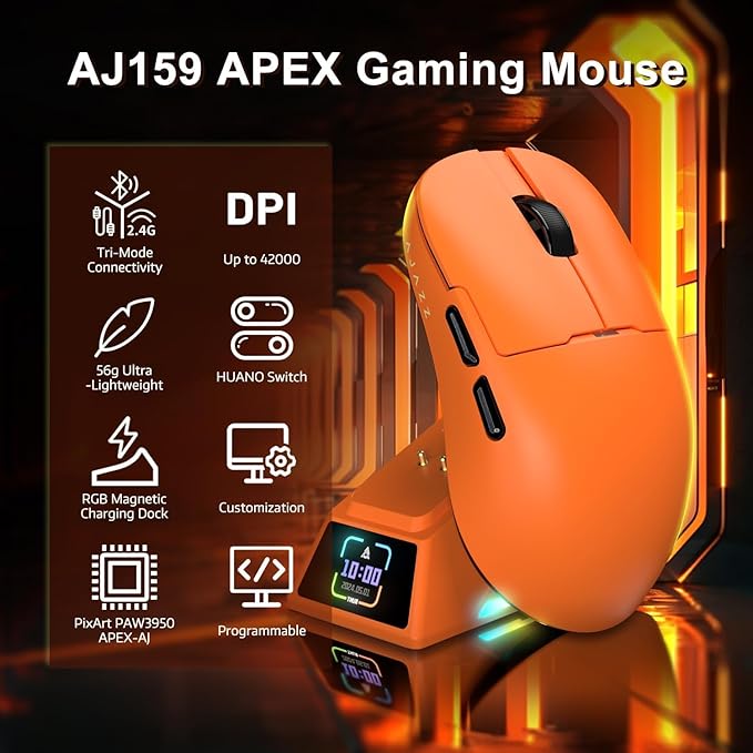 A.JAZZ AJ159APEX 8Khz Wireless Gaming Mouse Ultralight 56g with Magnetic Screen Charging Dock 42000DPI PAW3950 Sensor Tri Mode BT/2.4Ghz/Type-c Wired Programmable for Esport FPS PC Mac Gamer(Orange)