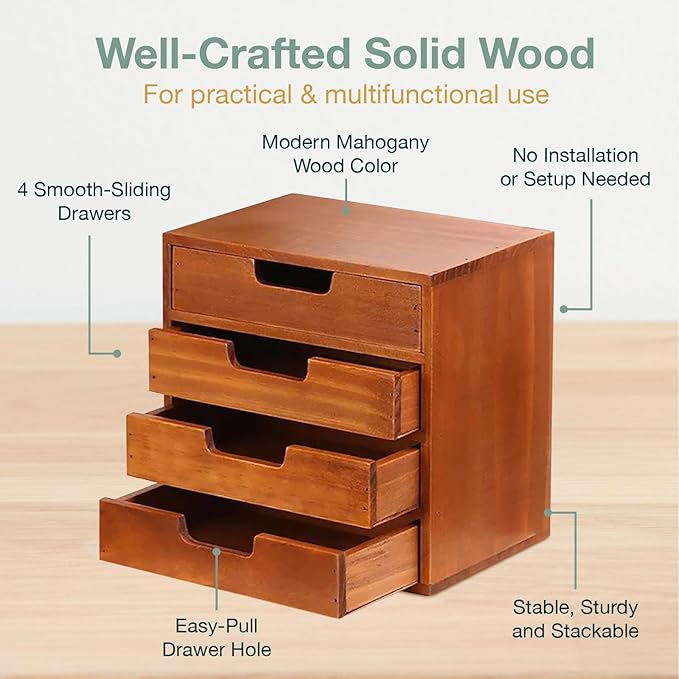4 Drawer Desktop Storage Organizer in Modern Wood Design (9.8”x6.9”x 9.8”) 4-Drawer Stackable Drawer Unit - Vanity Accessories Organizer (1-Pack)