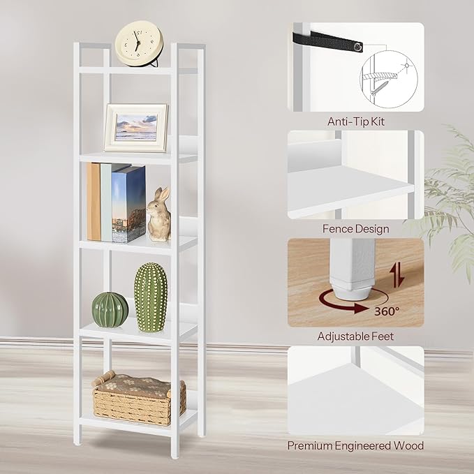 MAHANCRIS Bookshelf, 5-Tier Bookcase, Standing Book Shelf for Small Space, Storage Shelf Organizer, for Living Room, Bedroom, Study, Balcony, White BKBW5501