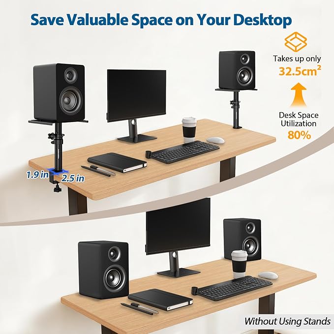 Vondynote Set of 2 Desktop Clamp Speaker Stands Short Studio Monitor Stands Height Adjustable