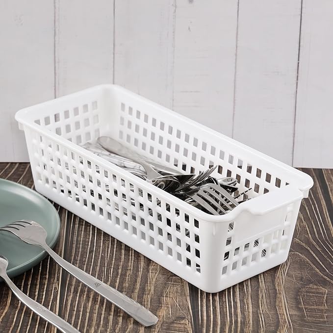 6 Pack Slim Plastic Storage Basket, Small Desktop Organizing Basket, White