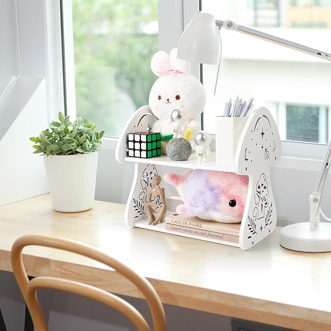 Mushroom Desk Shelf Cottagecore Decor for Storage, Cute Wooden Book Shelf Desktop Display Shelves Organizers, White Mushroom Accessories for Women, Kids