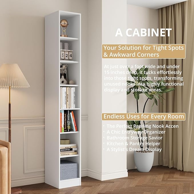 TUSY 85.5 Inch Tall Bookshelf with Doors - 7 Tier Bookcase with Glass Doors and Drawer, 23.6" Wide Storage Cabinet with Open Shelves for Living Room, White Book Shelf for Home Office, Study (C)