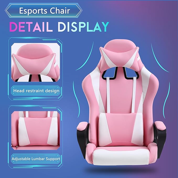 PayLessHere Ergonomic Racing Desk Chair Gaming Chair Computer Chair with Armrests 360° Swivel & Caster Pu Desk Task Chair Executive Headrest Lumbar Support for Back Pain Women Men and Adults,Pink