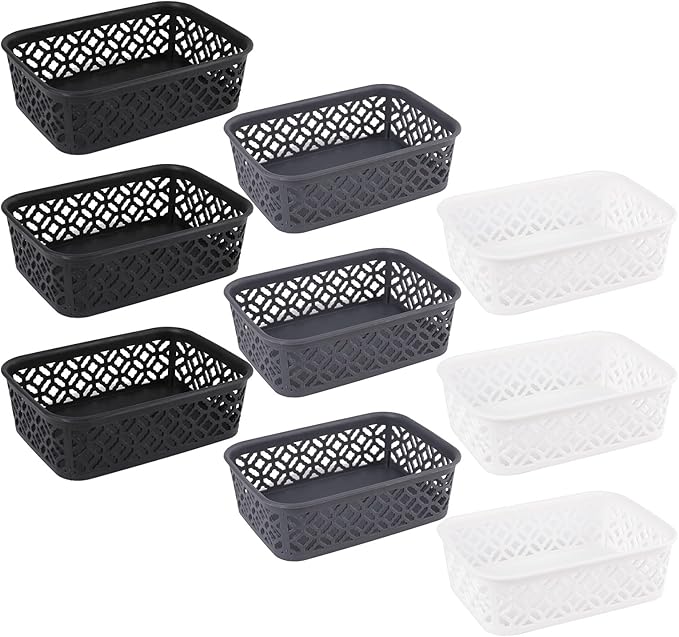 ZEAYEA 9 Pack Small Plastic Storage Basket, Classroom Organizer Baskets for Shelves Desk Drawer, Pantry Woven Basket Bins for Bedroom Closet Office School, 7.7" L x 5.5" W x 2.4" H