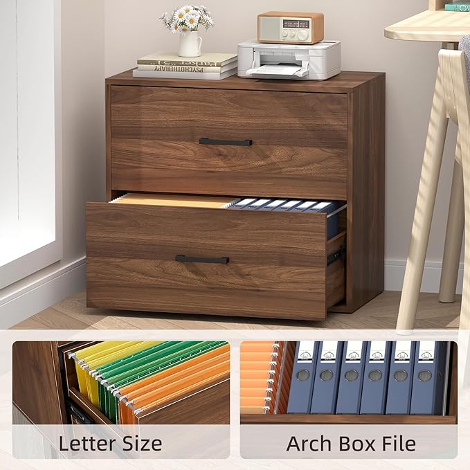 2 Drawer File Cabinet, Wood Lateral Filing Cabinets, Wide Office File Cabinet with Drawer for Hanging Files/Letter Size Printer Stand for Home Office School, Assembly Required, Walnut