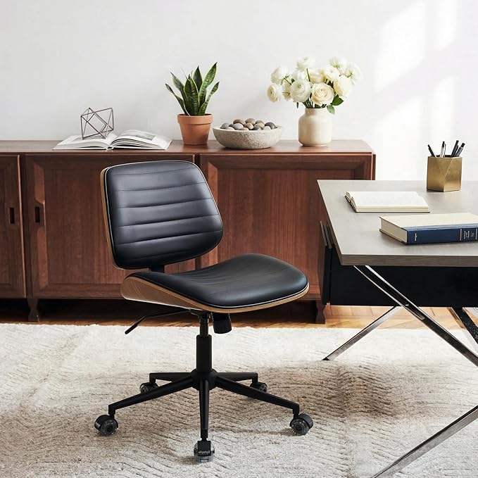 Sytopia Small Desk Chair for Home Office, Adjustable Height Swivel Armless Office Chair No Arms, Mid Century Modern Chair with Wheels, Walnut Wooden Sturdy Furniture, Easy Assembly, Vintage Black