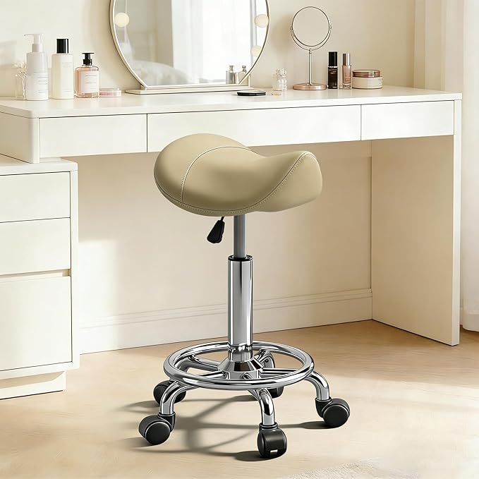 Saddle Stool with Ring Pedal, Adjustable Hydraulic Rolling Chair with Wheels for Medical, Massage, Salon, Spa, Kitchen, and Drafting Use