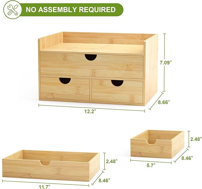 Wisuce Bamboo Desk Organizer - Mini Bamboo Desk Drawer Tabletop Cosmetic Storage Organization for Office or Home (Nature 3 Drawers)