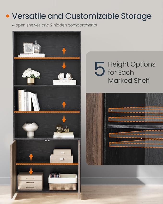 SONGMICS Home Book Shelf, Superfast Toolless Assembly, 6-Tier Floor Standing Bookcase with Doors and Adjustable Shelves, 70.4 Inches Tall for Bedroom Study Living Room, Ebony Black and Natural Walnut