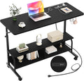 Armocity Rolling Standing Desk with Power Outlets, 47" Manual Height Adjustable Mobile Computer Desk with Wheels, Portable Sit Stand Laptop Couch Table for Bed & Sofa Home Office, Black