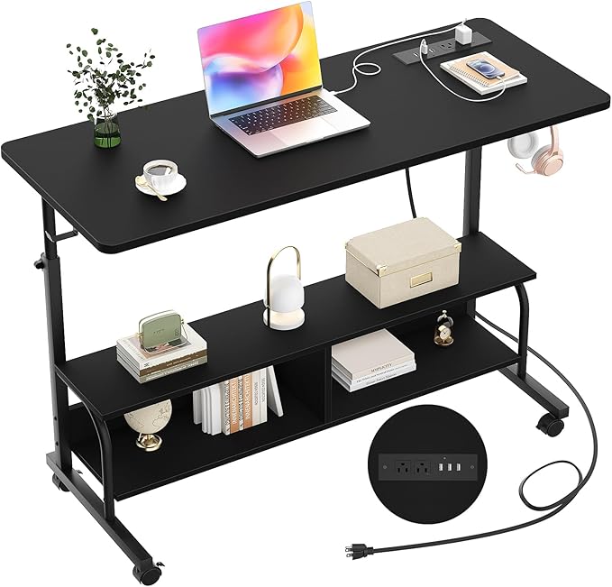 Armocity Rolling Standing Desk with Power Outlets, 47" Manual Height Adjustable Mobile Computer Desk with Wheels, Portable Sit Stand Laptop Couch Table for Bed & Sofa Home Office, Black