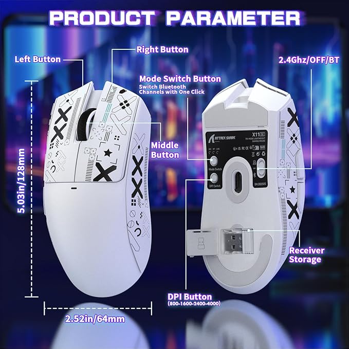 ATTACK SHARK X11SE Ultra-Light Wireless Gaming Mouse,Tri-Modes BT5.2/Type-C Wired/2.4G,PixArt PAW3311 Gaming Sensor,22KDPI,5 Programmable Buttons for Laptop,PC,Mac Gamer(White&Sticker)