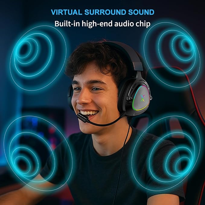 FOXXRAY HAU-50 RGB Gaming Headset, Computer Headphone with Detachable Microphone, Surround Sound, 50mm Drivers, Soft Earmuffs, Lightweight USB Wired Headphones for PC, PS4, PS5, Laptop, Smartphone