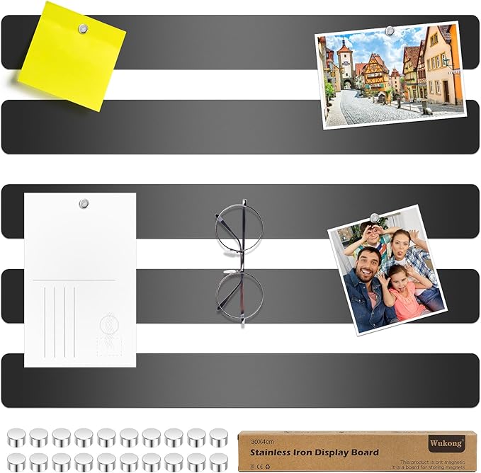 Wukong 5 Pack | 30x4cm (11.81 x 1.57) Magnetic Stainless Black Board Strips, Adhesive Backing Bulletin Bar, Memo Strip with 30pcs 5x3mm Magnets for Office, Home, Photo Wall, Documents