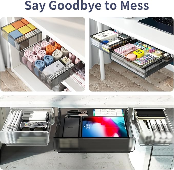 Under Desk Drawer Organizer Slide Out, 2 PCS Large & Medium Under Table Hidden Drawer Under Desk Storage Organizer (Self-Adhesive Tape, Screw Accessories)